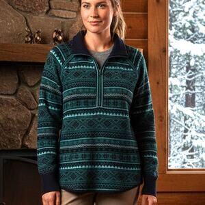 Eddie Bauer 1/4 Zip Fair Isle Sweater Womens Large Navy Teal Snowflake Nordic